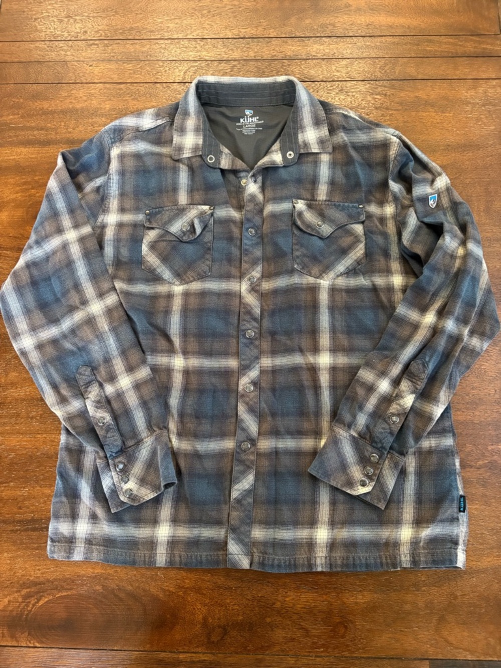 Kuhl Lowdown Flannel Shirt Gray Blue Plaid Pearl Snap Pocket Outdoor Mens L